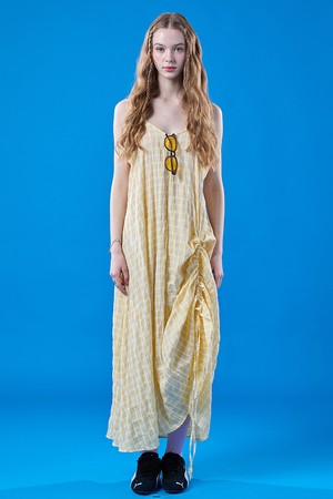 쿨링 브이넥 프레피 여름 맥시 체크 나시원피스 [YELLOW]