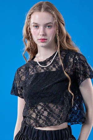 레이어드 플라워 시스루 크롭 반팔티 [BLACK]