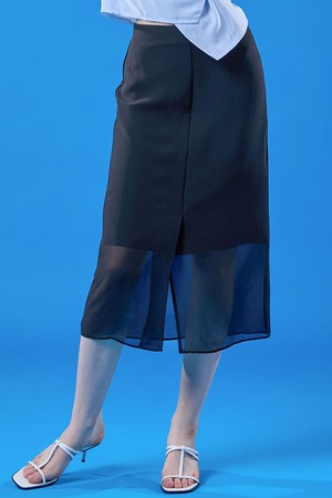 시스루 쉬폰 트임 쿨링 레이어드 롱스커트 [BLACK]