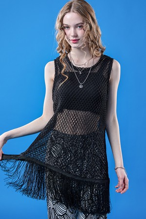 레이어드 네트 시스루 워터밤 루즈핏 나시 [BLACK]