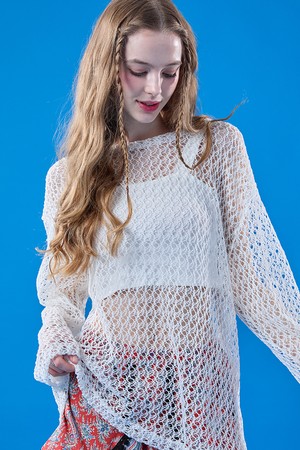 자외선 차단 시스루 네트 워터밤 긴팔티 [화이트] 레이어드티  ver.