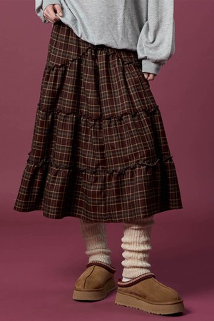 기모 도톰 체크 레이스 미디 플레어 롱스커트 [Wine_red] 가을 겨울 ver.