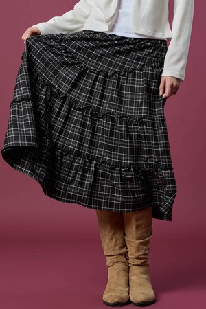 기모 도톰 체크 레이스 미디 플레어 롱스커트 [BLACK] 가을 겨울 ver.