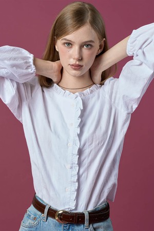 메이 레이스 셔링 도톰 블라우스 퍼프 긴팔 셔츠 [WHITE]