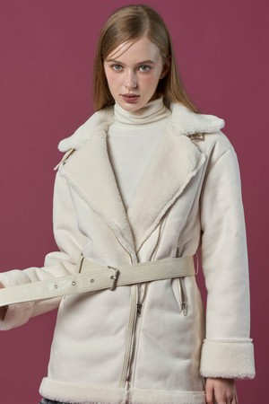 [벨트탈부착] 겨울 스웨이드 보온 플리스 롱무스탕 [IVORY]