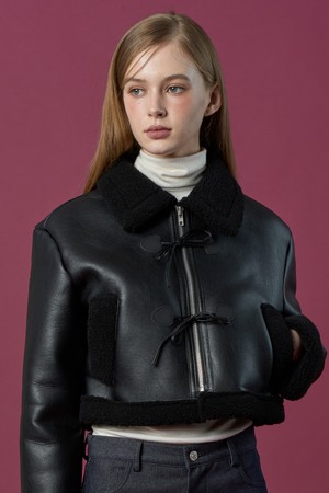 크롭 리본 비건 양털 무스탕 플리스 자켓 [All_Black]