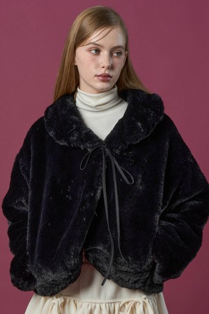 [밍크 ver.] 오버핏 크롭 리본 누빔 무스탕 자켓 [Black] 비건 퍼 ver.