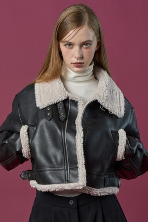 크롭 블러드 셔링 플리스 무스탕 자켓 [Black_Beige]