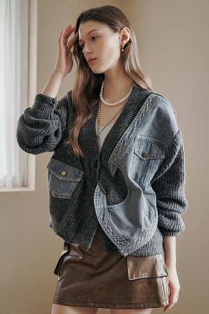 [MAXZA Collection] 워싱 컷오프 데님 블록 브이넥 니트 가디건