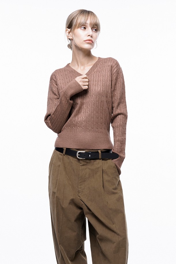 CHANCE'S NOI FOR WOMEN - 스웨터 - Soft Cable V-neck Knit - Brown /W243TP02BR