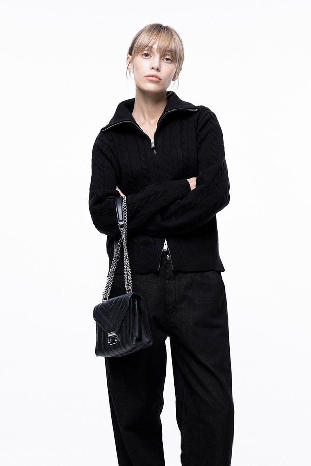 CHANCE'S NOI FOR WOMEN - 가디건 - Soft Cable Zip-up Knit Cardigan - Black /W243TP03BK