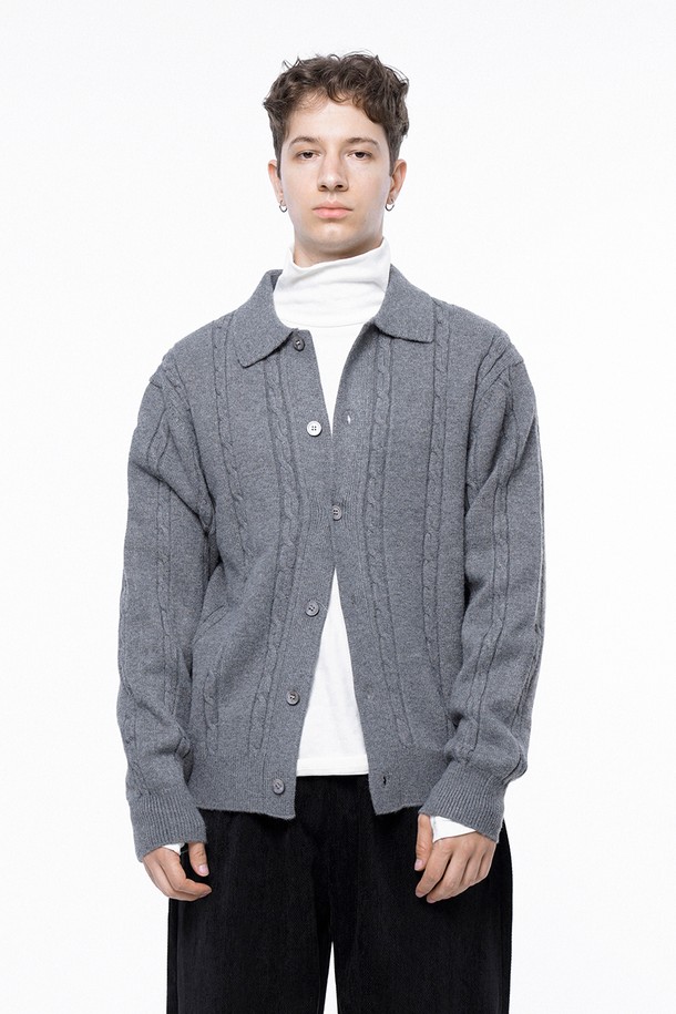 CHANCE'S NOI - 가디건 - Dense Cable Collar-neck Cardigan - Gray /M243OT02GR