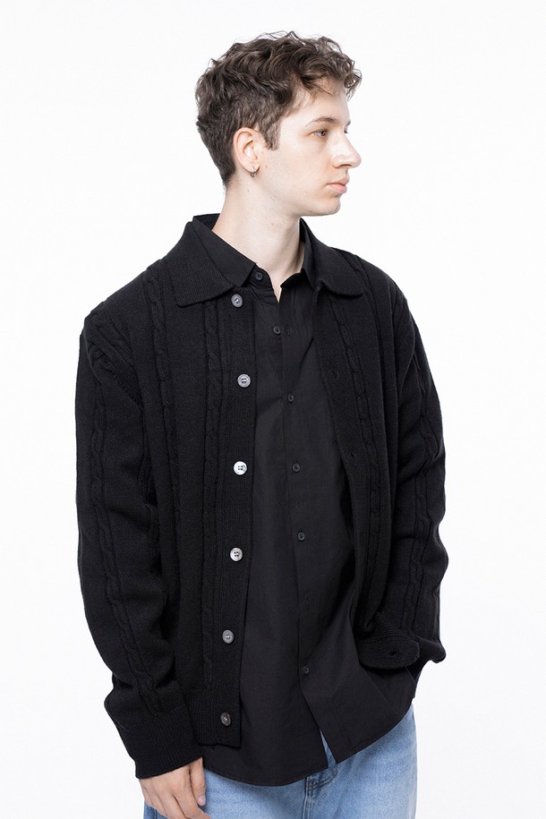 CHANCE'S NOI - 가디건 - Dense Cable Collar-neck Cardigan - Black /M243OT02BK