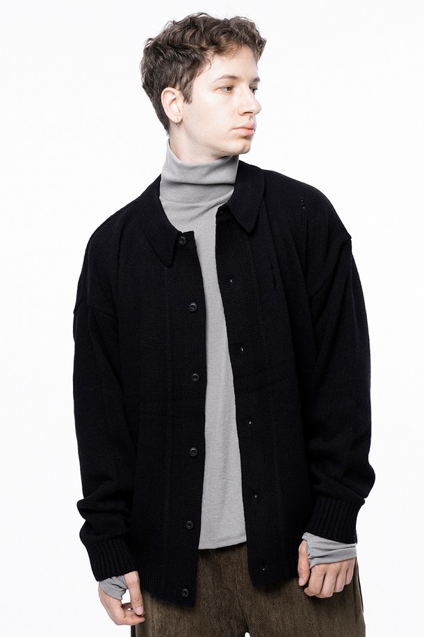 CHANCE'S NOI - 가디건 - Tear Collar-neck Cardigan - Black /M243OT03BK