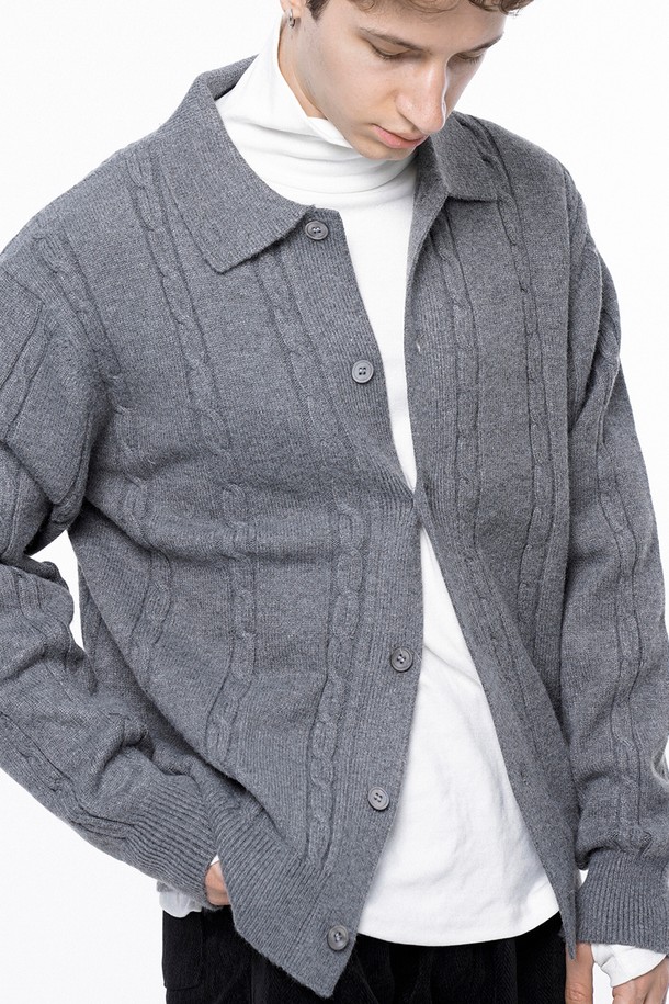 CHANCE'S NOI - 가디건 - Dense Cable Collar-neck Cardigan - Gray /M243OT02GR