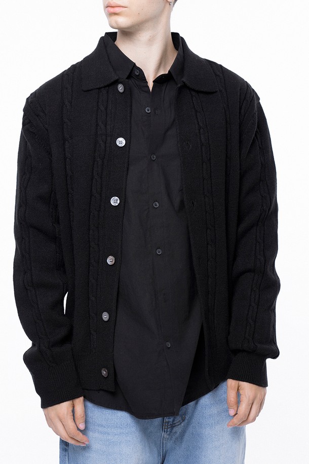 CHANCE'S NOI - 가디건 - Dense Cable Collar-neck Cardigan - Black /M243OT02BK