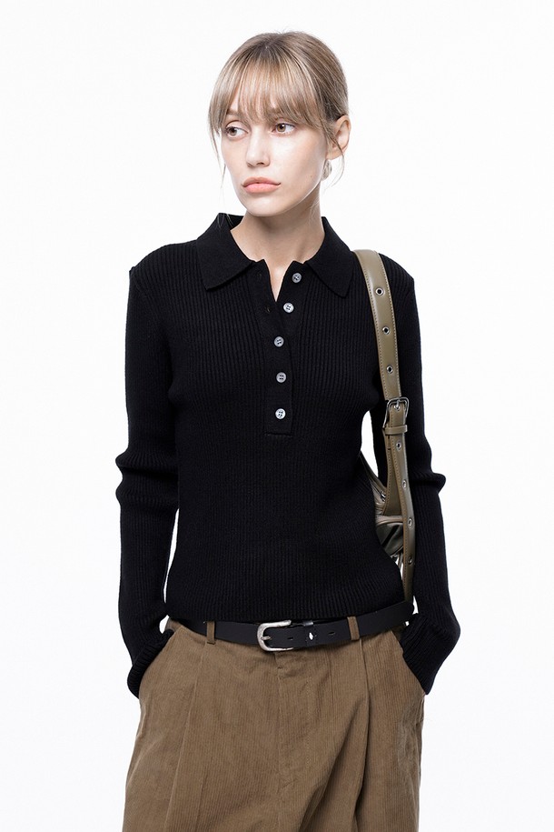 CHANCE'S NOI FOR WOMEN - 스웨터 - Soft Slim Button Collar Knit - Black /W243TP08BK