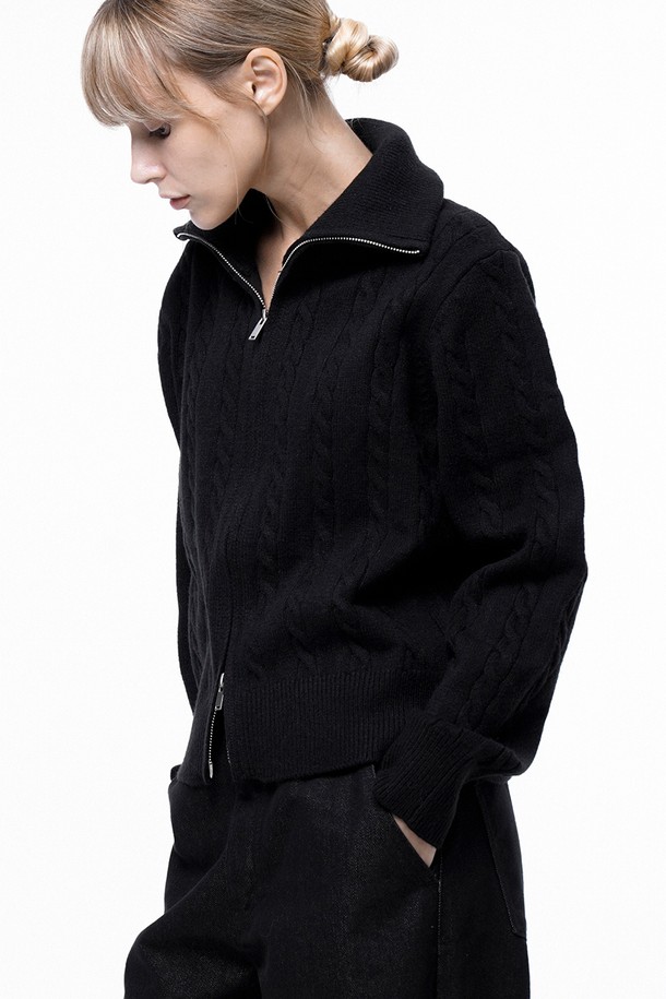 CHANCE'S NOI FOR WOMEN - 가디건 - Soft Cable Zip-up Knit Cardigan - Black /W243TP03BK