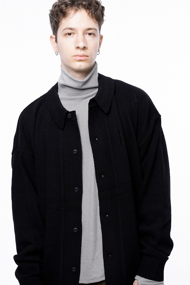 CHANCE'S NOI - 가디건 - Tear Collar-neck Cardigan - Black /M243OT03BK