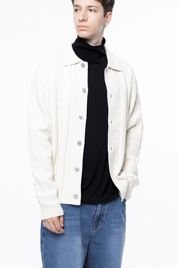 CHANCE'S NOI - 가디건 - Dense Cable Collar-neck Cardigan - Ivory /M243OT02IV