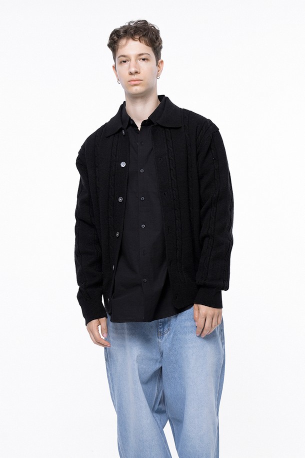 CHANCE'S NOI - 가디건 - Dense Cable Collar-neck Cardigan - Black /M243OT02BK