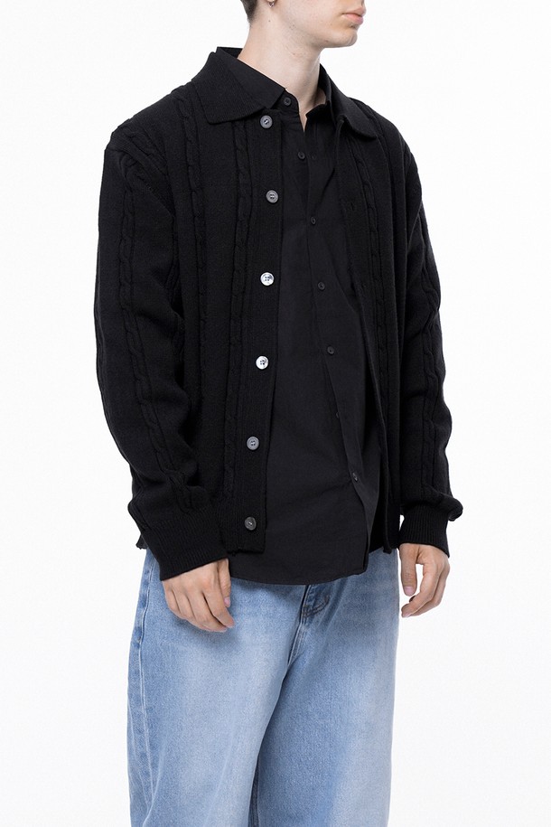 CHANCE'S NOI - 가디건 - Dense Cable Collar-neck Cardigan - Black /M243OT02BK