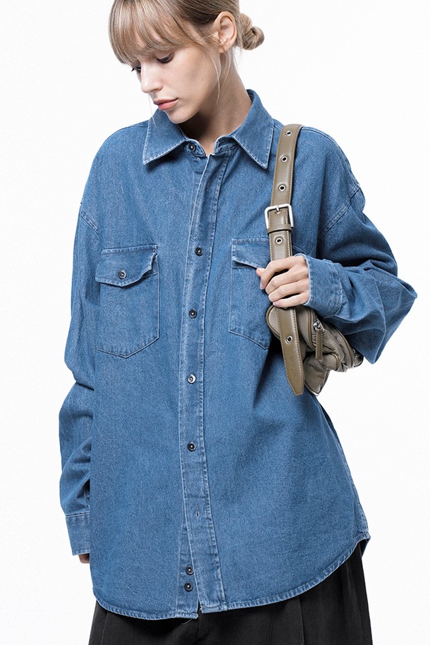 CHANCE'S NOI FOR WOMEN - 긴팔셔츠 - Western Pocket Denim Shirt - Mid Blue /W243SH03MB