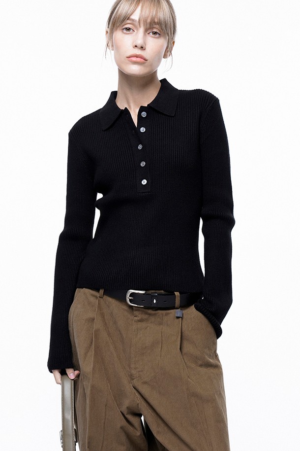 CHANCE'S NOI FOR WOMEN - 스웨터 - Soft Slim Button Collar Knit - Black /W243TP08BK