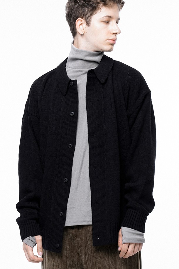 CHANCE'S NOI - 가디건 - Tear Collar-neck Cardigan - Black /M243OT03BK