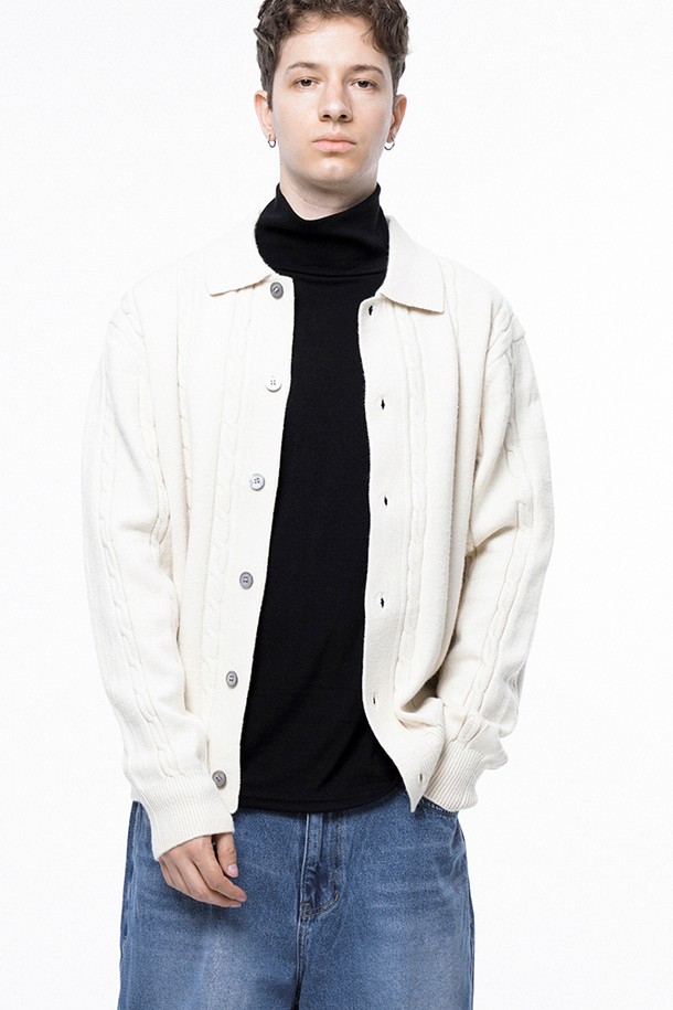 CHANCE'S NOI - 가디건 - Dense Cable Collar-neck Cardigan - Ivory /M243OT02IV