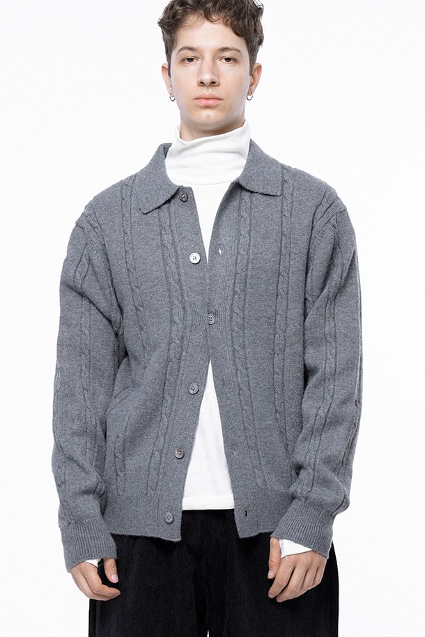 CHANCE'S NOI - 가디건 - Dense Cable Collar-neck Cardigan - Gray /M243OT02GR