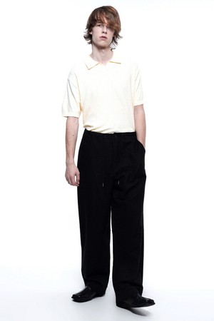 Linen Slit String Wide Pants - Black