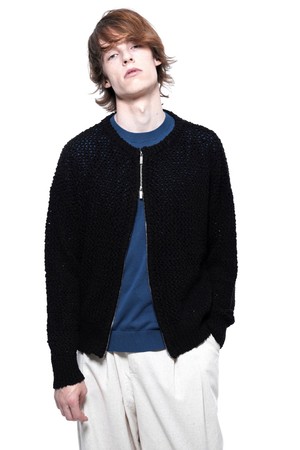 Punching Knit Zip-Up Cardigan - Black