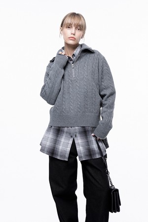 Soft Cable Half Zip-up Knit - Gray /W243TP01GR