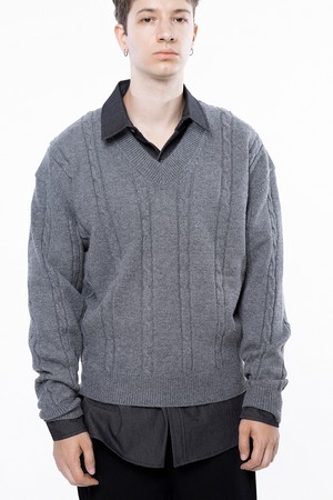 Dense Cable V-neck Kint - Gray /M243TP07GR