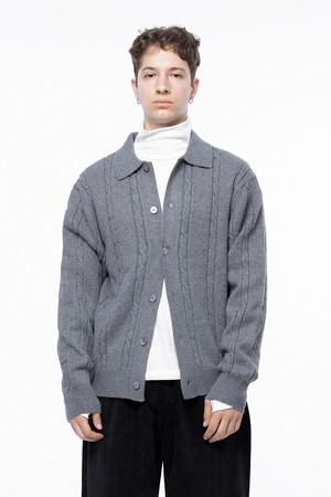 Dense Cable Collar-neck Cardigan - Gray /M243OT02GR