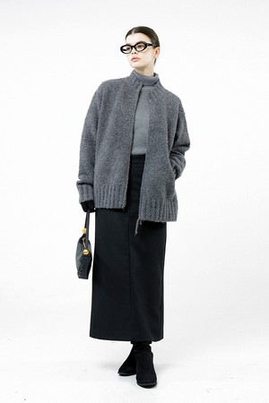 [for Women] Loose Boucle Knit Zip up - Charcoal /W244TP09CH