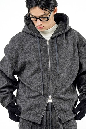 Ribbed Kint Hood Zip-up - Charcoal /M244TP01CH