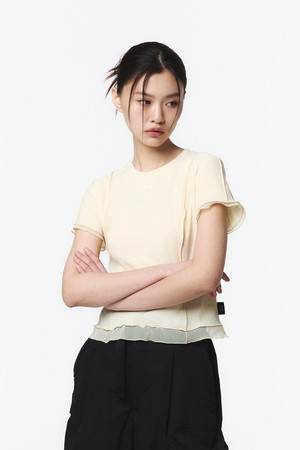 여성 메쉬 배색 라운드 크롭 티셔츠 (버터)_5L45311