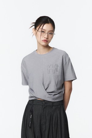 여성 슬럽 꽈배기 크롭 티셔츠 (화이트 그레이)_5L45315