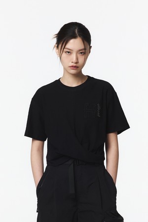 여성 슬럽 꽈배기 크롭 티셔츠 (블랙)_5L45315