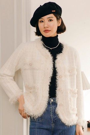 LS_Winter snow pluffy tweed jacket_WHITE