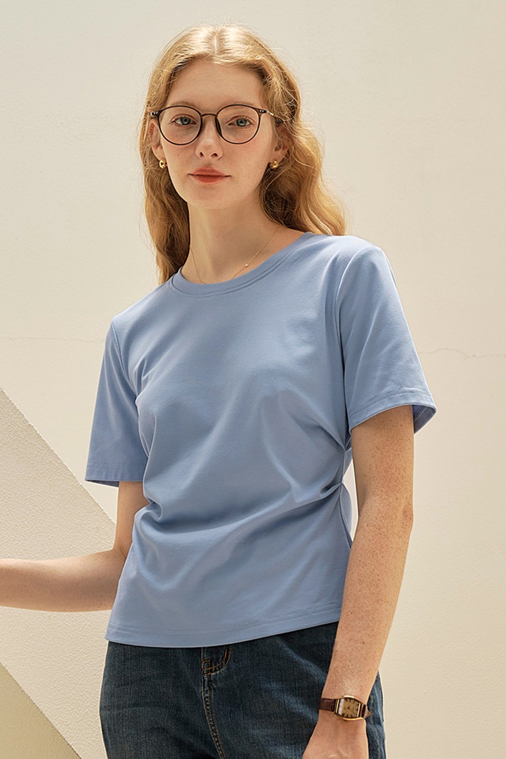 Simple Retro - 반소매 티셔츠 - SR_Kamari classic cotton top_BLUE