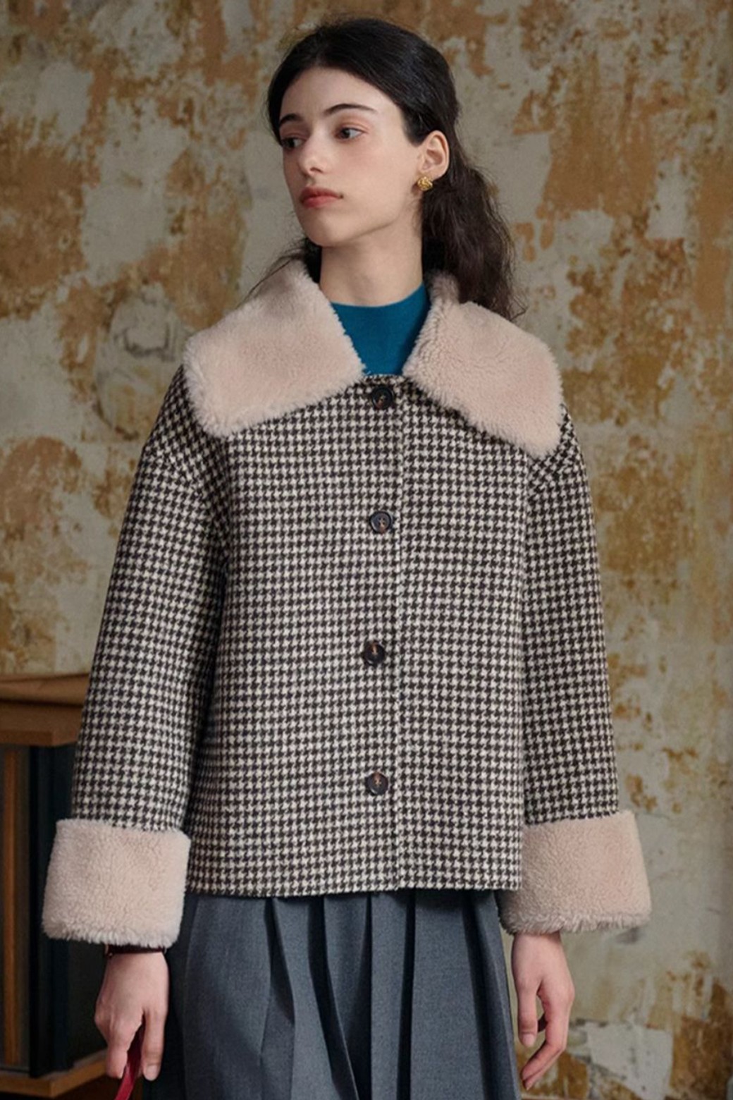 Simple Retro - 자켓 - SR_Fur Lapel Cropped Tweed Jacket