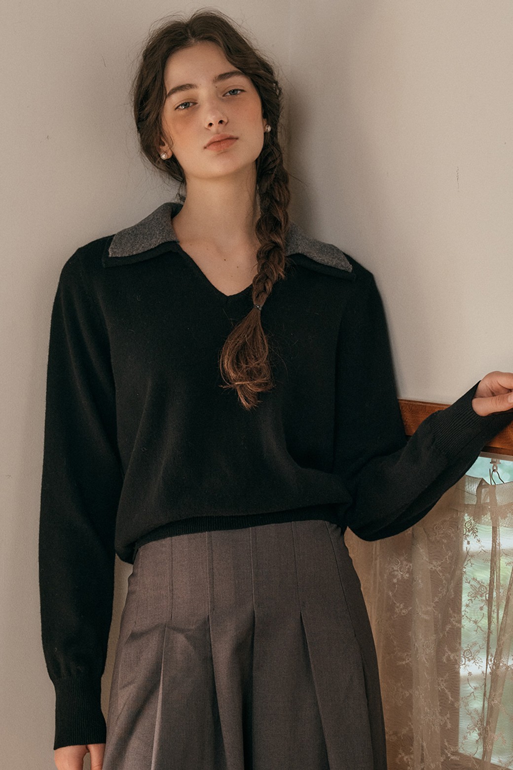 Proud Mary - 스웨터 - PM_Cashmere double collar knit top_BLACK