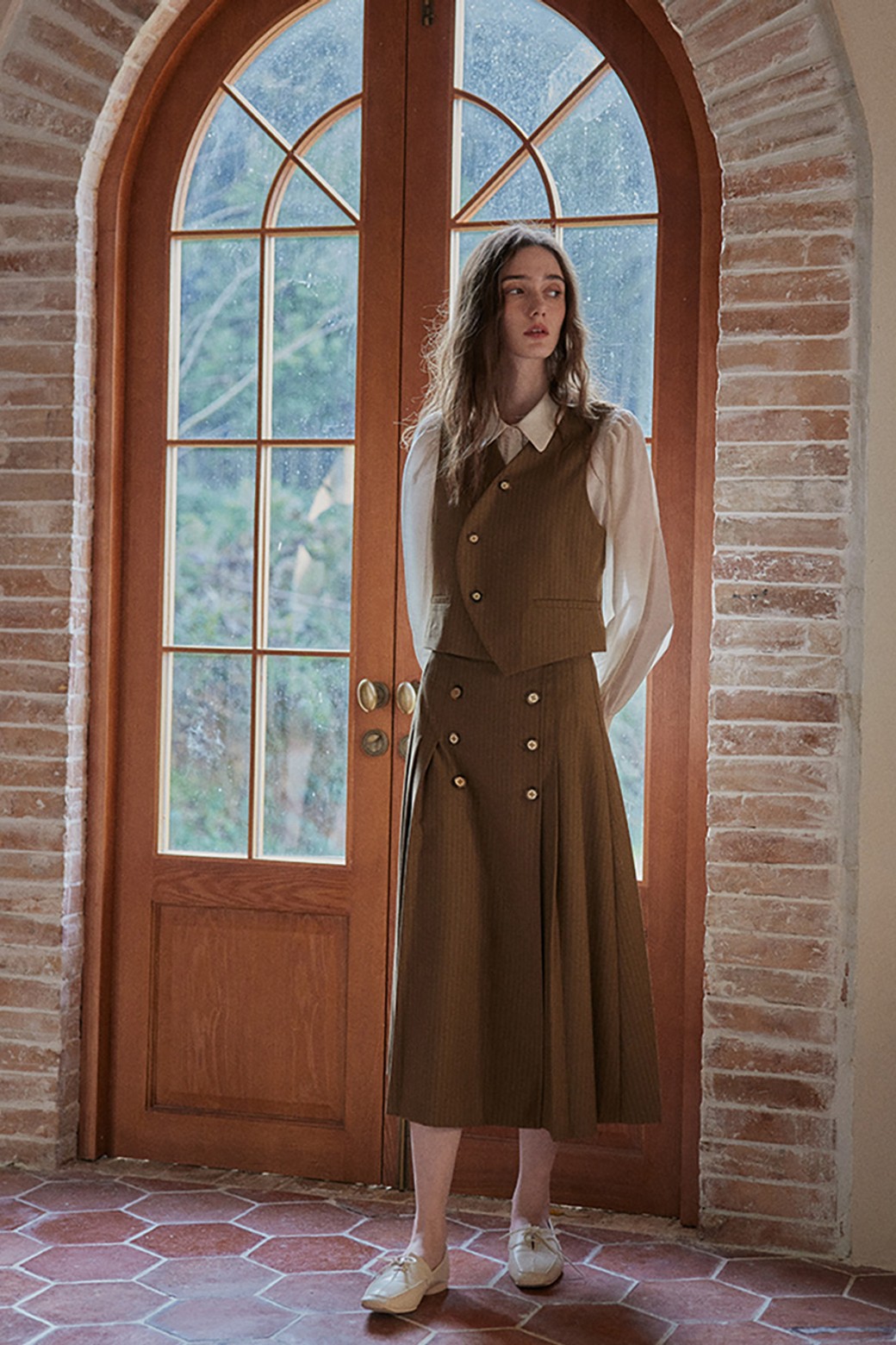 Proud Mary - 롱스커트 - PM_Brown stripe button skirt