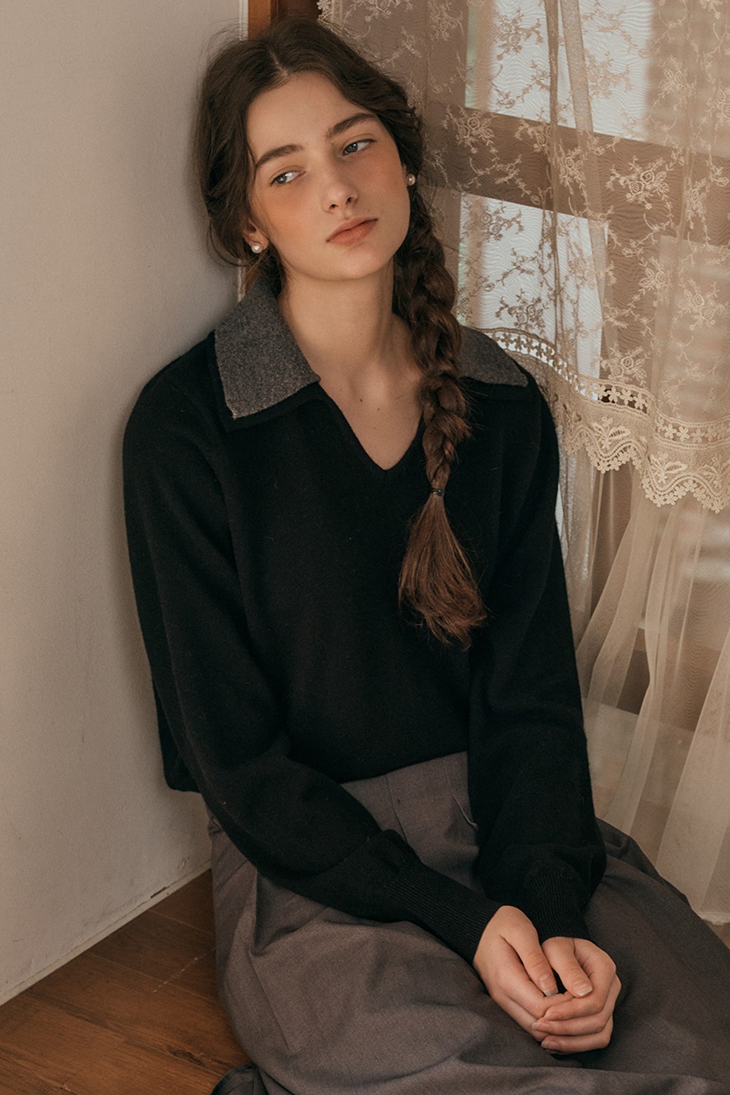 Proud Mary - 스웨터 - PM_Cashmere double collar knit top_BLACK