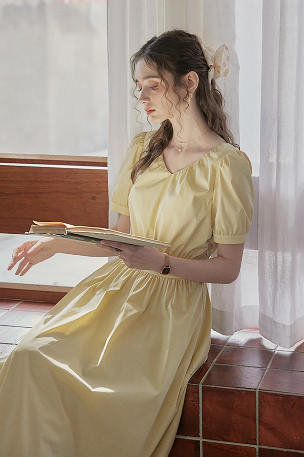 Proud Mary - 반소매 원피스 - PM_Vanilla yellow pleated dress