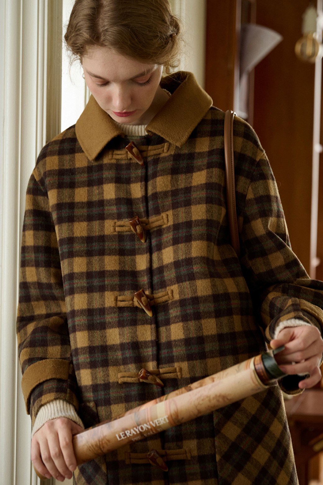 Simple Retro - 코트 - SR_Horn button plaid hooded coat_BROWN