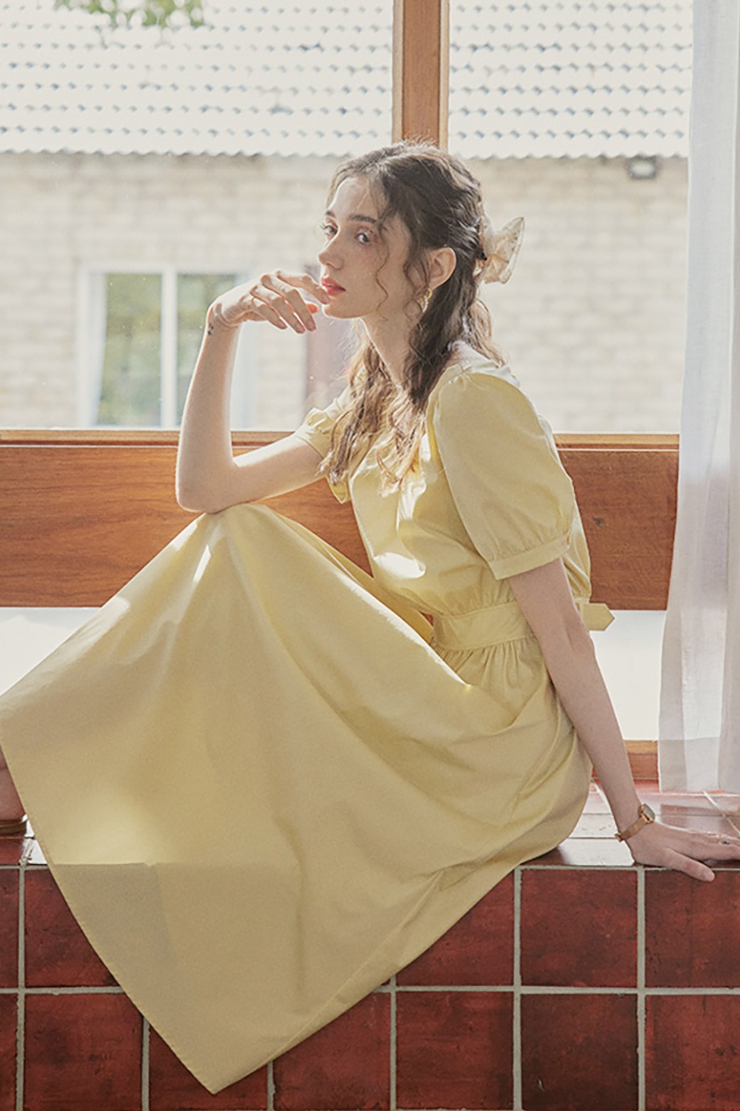 Proud Mary - 반소매 원피스 - PM_Vanilla yellow pleated dress